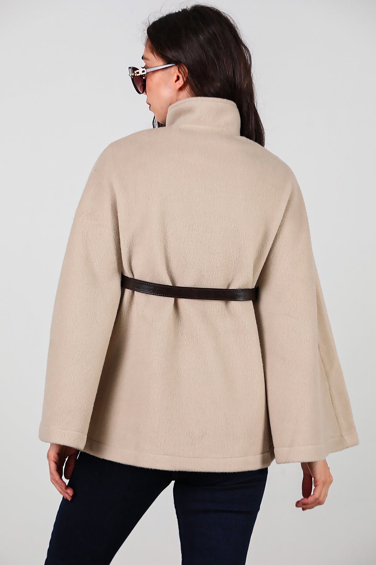 Kadın Deri Kemerli Kaşe Panço Taş