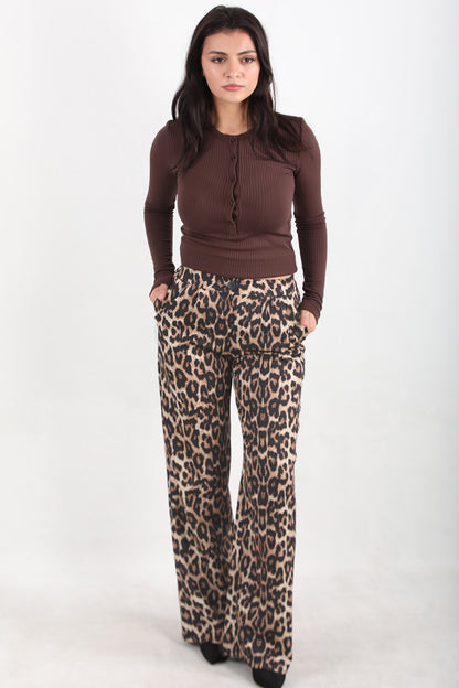 Leowide Kadın Leoparlı Bol Paça Pantolon Kahverengi