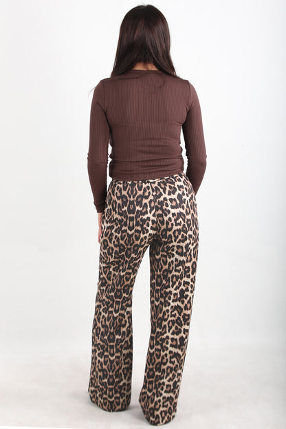 Leowide Kadın Leoparlı Bol Paça Pantolon Kahverengi