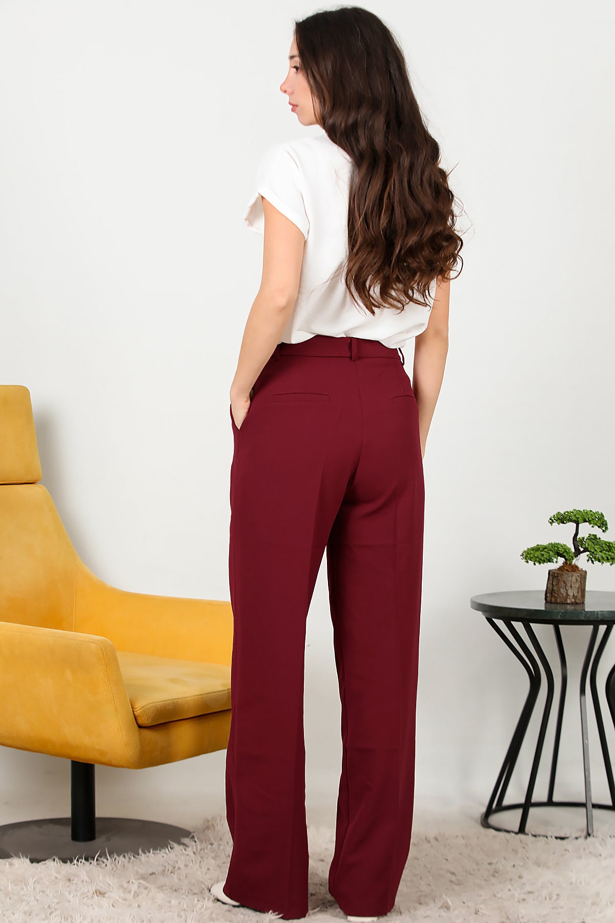 Kadın Bol Paça Kumaş Pantolon Bordo