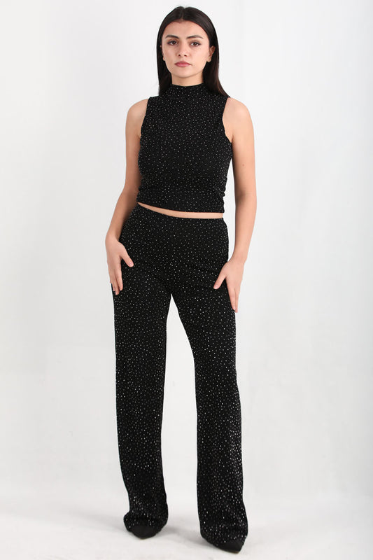 Glimflow Kadın Simli Bol Paça Pantolon Siyah