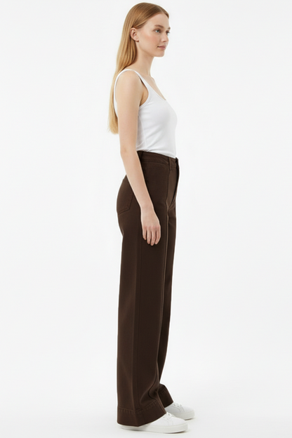 Denimline Kadın Önü Çimalı Bol Paça Kot Pantolon Kahverengi