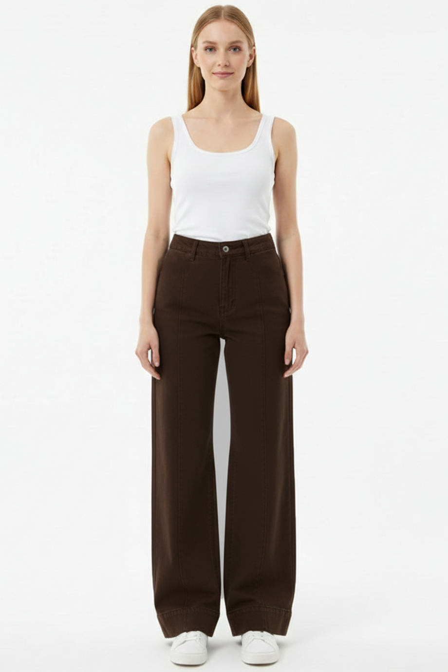 Denimline Kadın Önü Çimalı Bol Paça Kot Pantolon Kahverengi