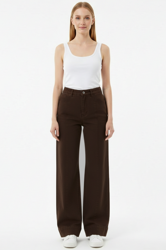 Denimline Kadın Önü Çimalı Bol Paça Kot Pantolon Kahverengi