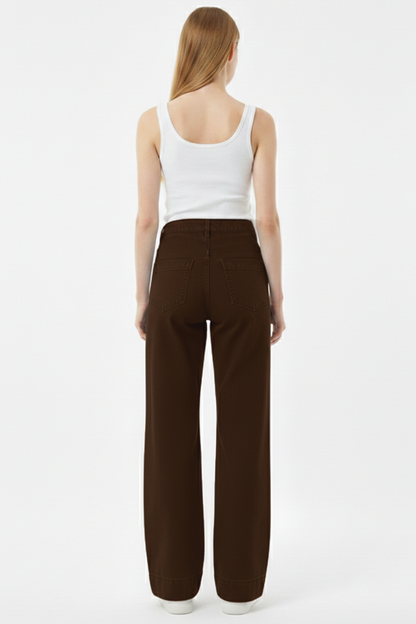 Denimline Kadın Önü Çimalı Bol Paça Kot Pantolon Kahverengi