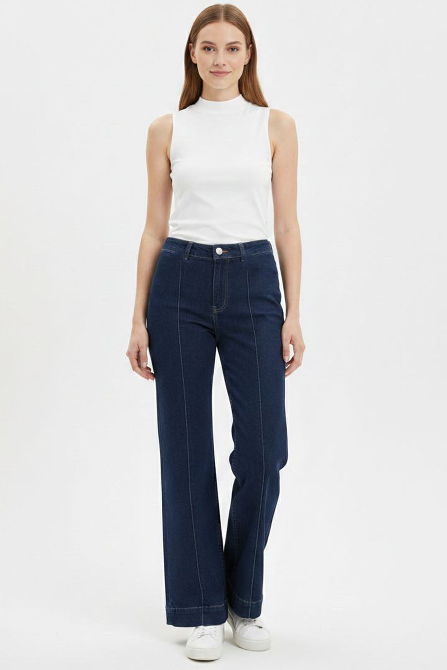 Denimline Kadın Önü Çimalı Bol Paça Kot Pantolon Lacivert