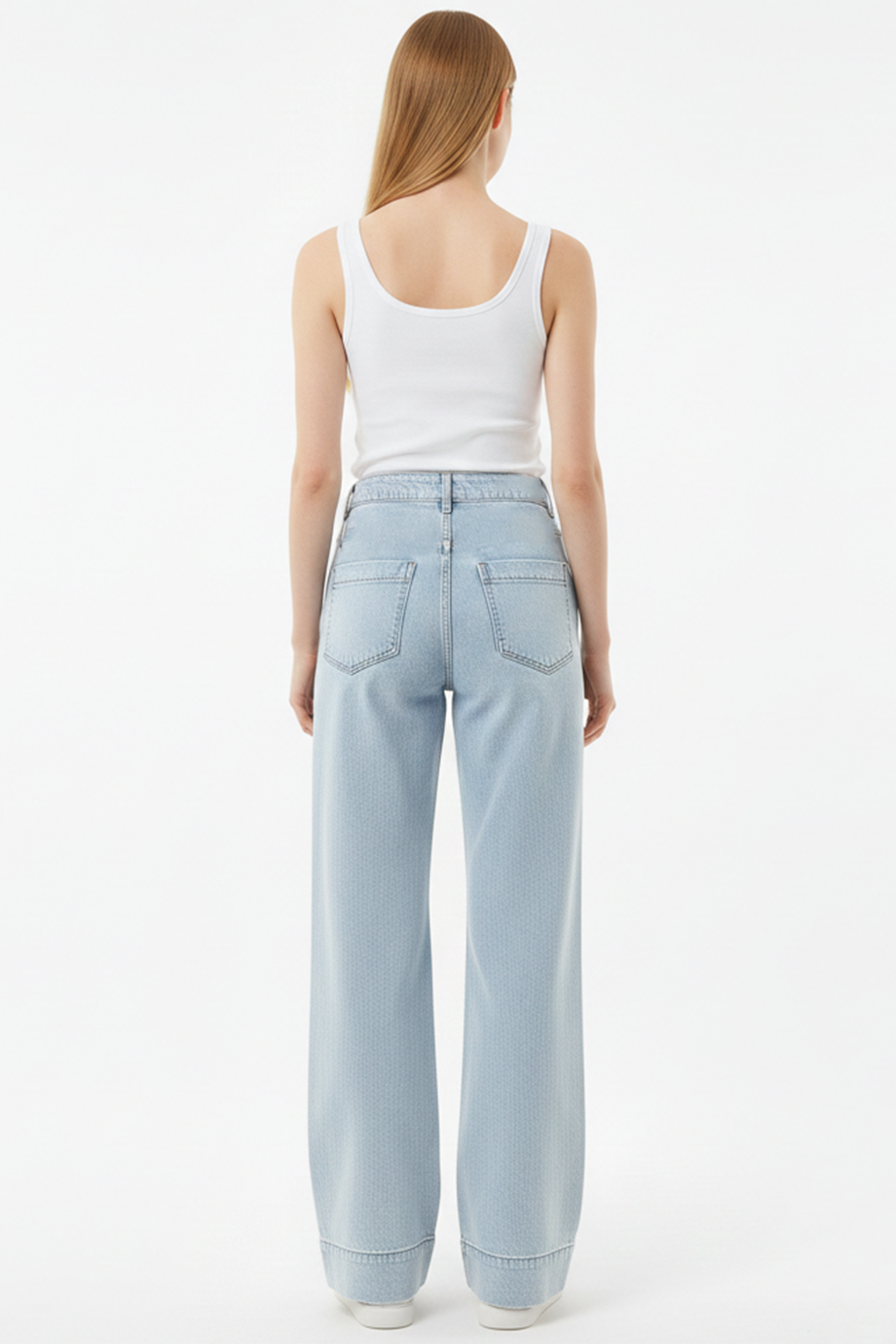 Denimline Kadın Önü Çimalı Bol Paça Kot Pantolon Mavi