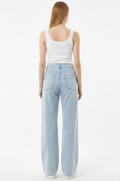 Denimline Kadın Önü Çimalı Bol Paça Kot Pantolon Mavi