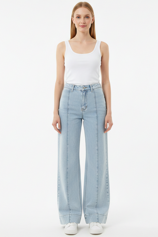 Denimline Kadın Önü Çimalı Bol Paça Kot Pantolon Mavi