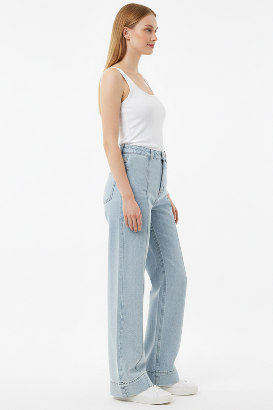 Denimline Kadın Önü Çimalı Bol Paça Kot Pantolon Mavi