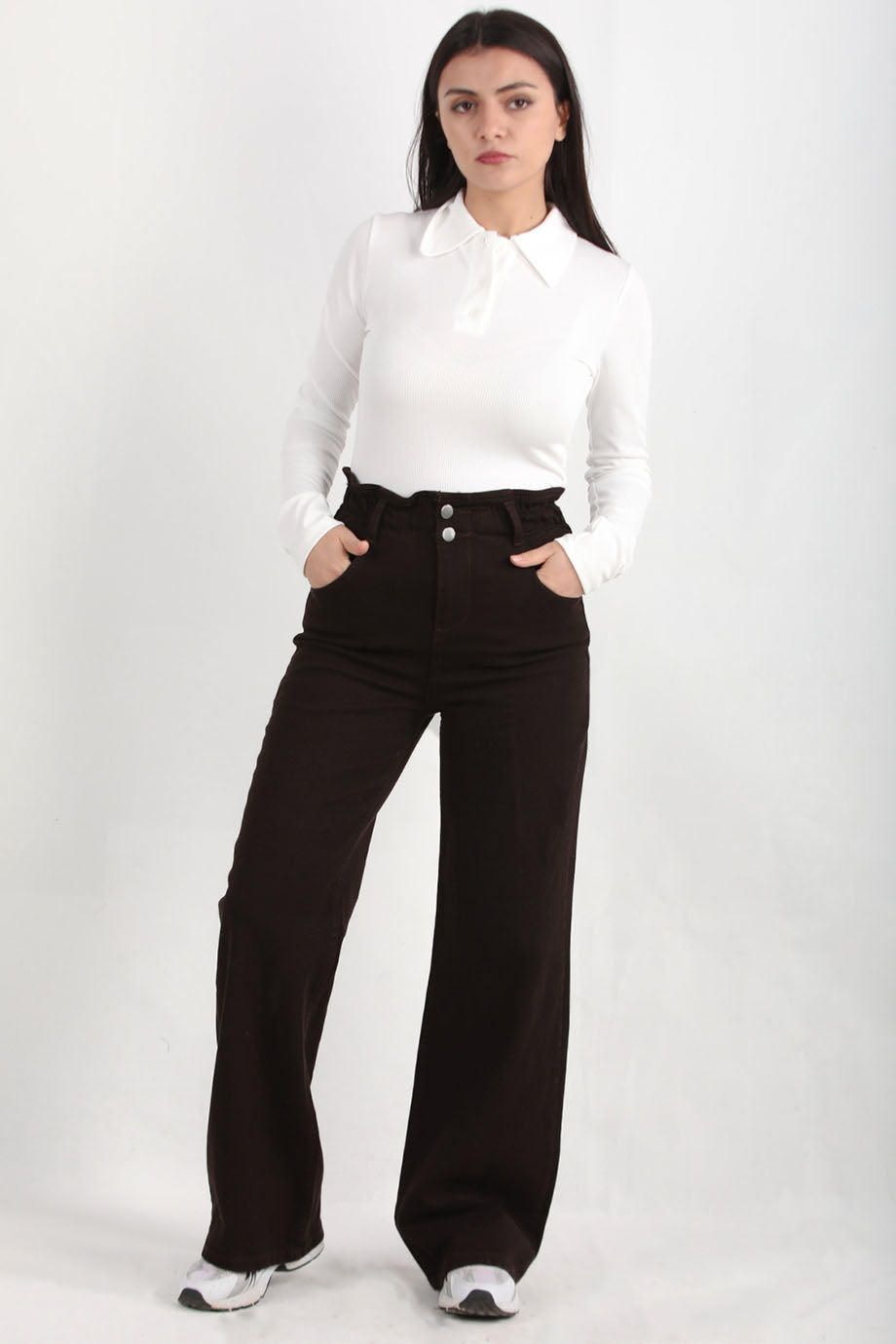 Brownflow Kadın Bol Paça Kot Pantolon Kahverengi