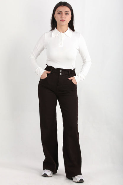 Brownflow Kadın Bol Paça Kot Pantolon Kahverengi