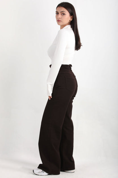 Brownflow Kadın Bol Paça Kot Pantolon Kahverengi