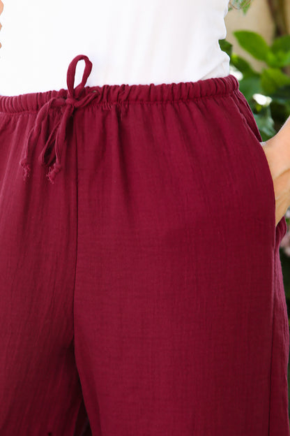 Kadın Bol Paça Keten Pantolon Bordo