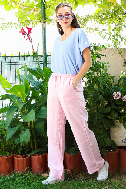 Kadın Bol Paça Keten Pantolon Pembe