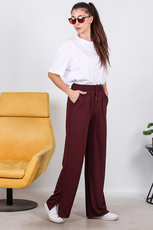 Kadın Yırtmaçlı Bol Paça Pantolon Bordo