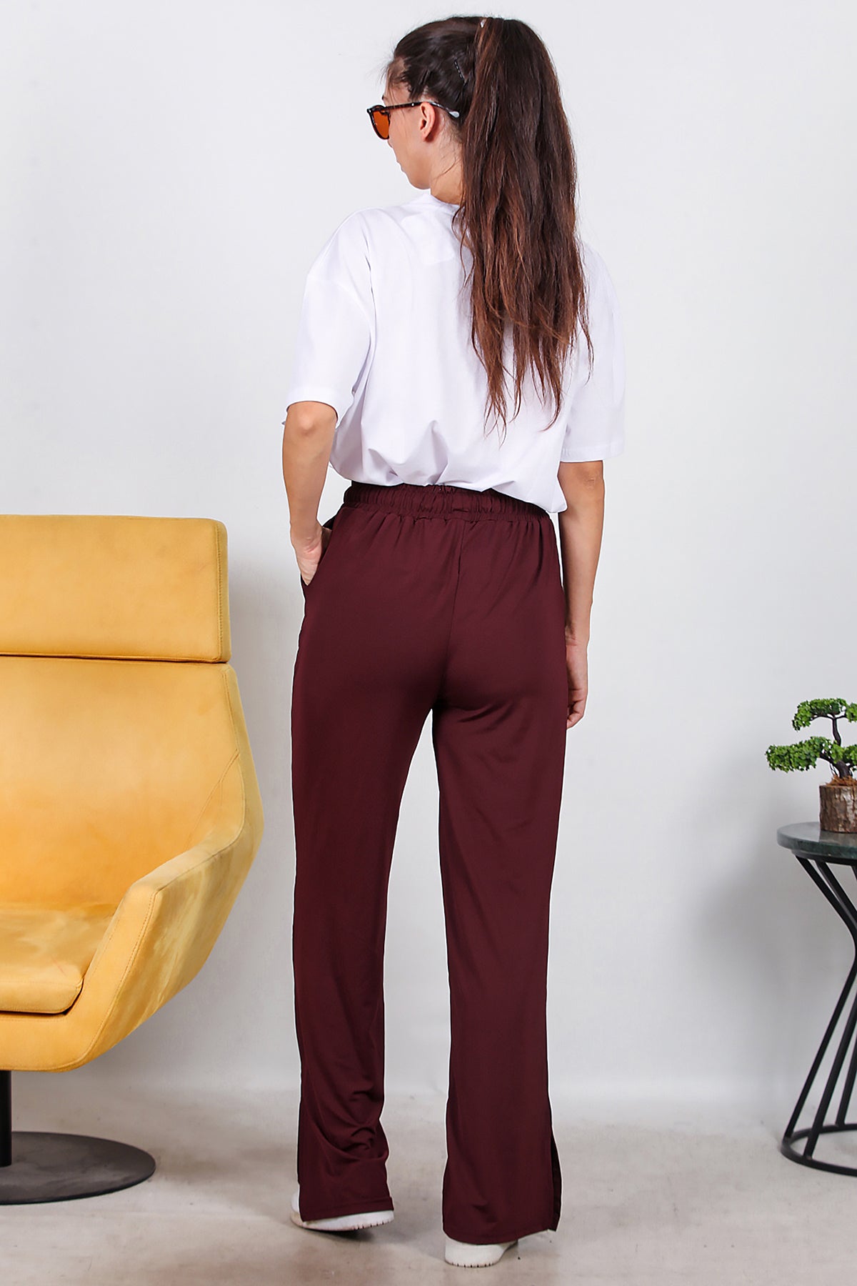 Kadın Yırtmaçlı Bol Paça Pantolon Bordo