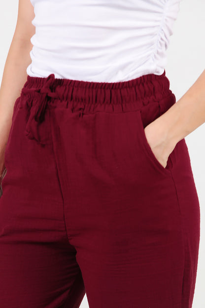 Kadın Bol Paça Keten Pantolon Bordo