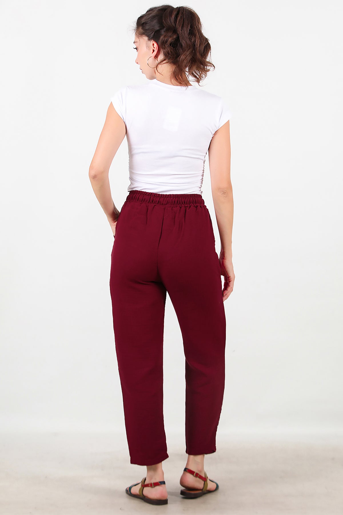 Kadın Bol Paça Keten Pantolon Bordo