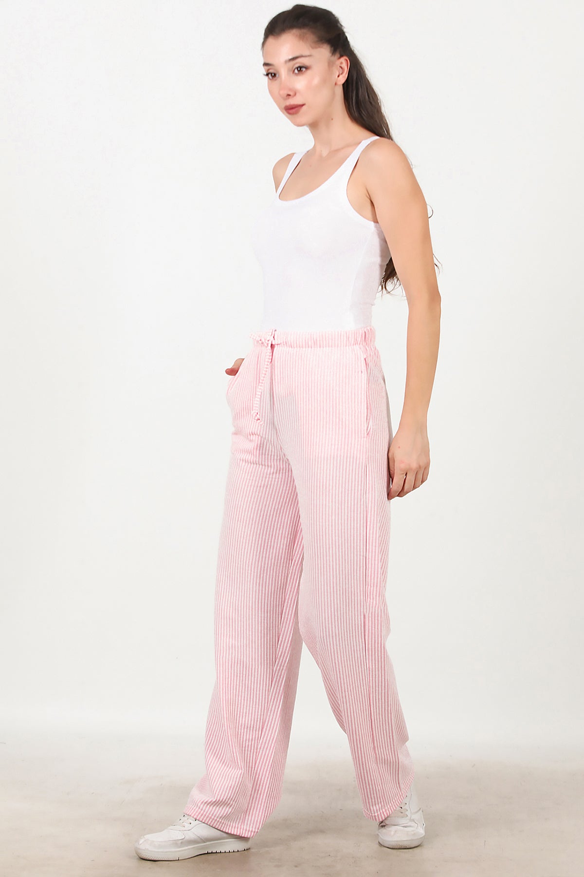 Kadın Çizgili Bol Paça Pantolon Pembe