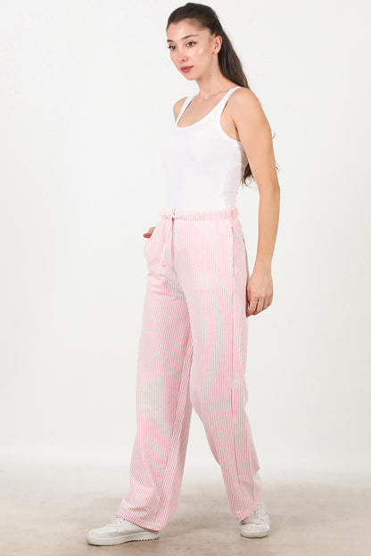 Kadın Çizgili Bol Paça Pantolon Pembe