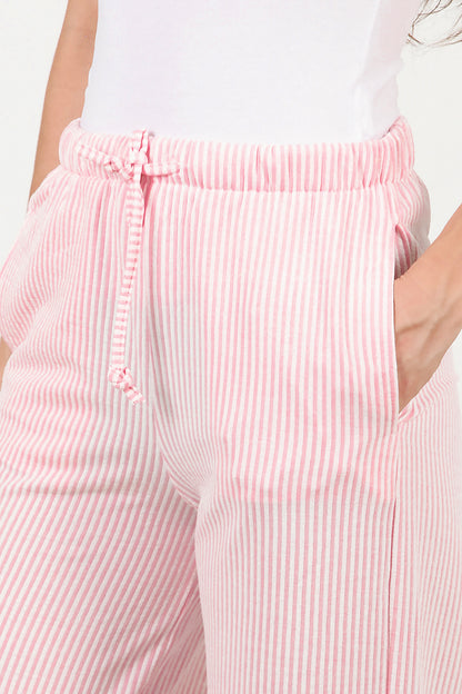 Kadın Çizgili Bol Paça Pantolon Pembe