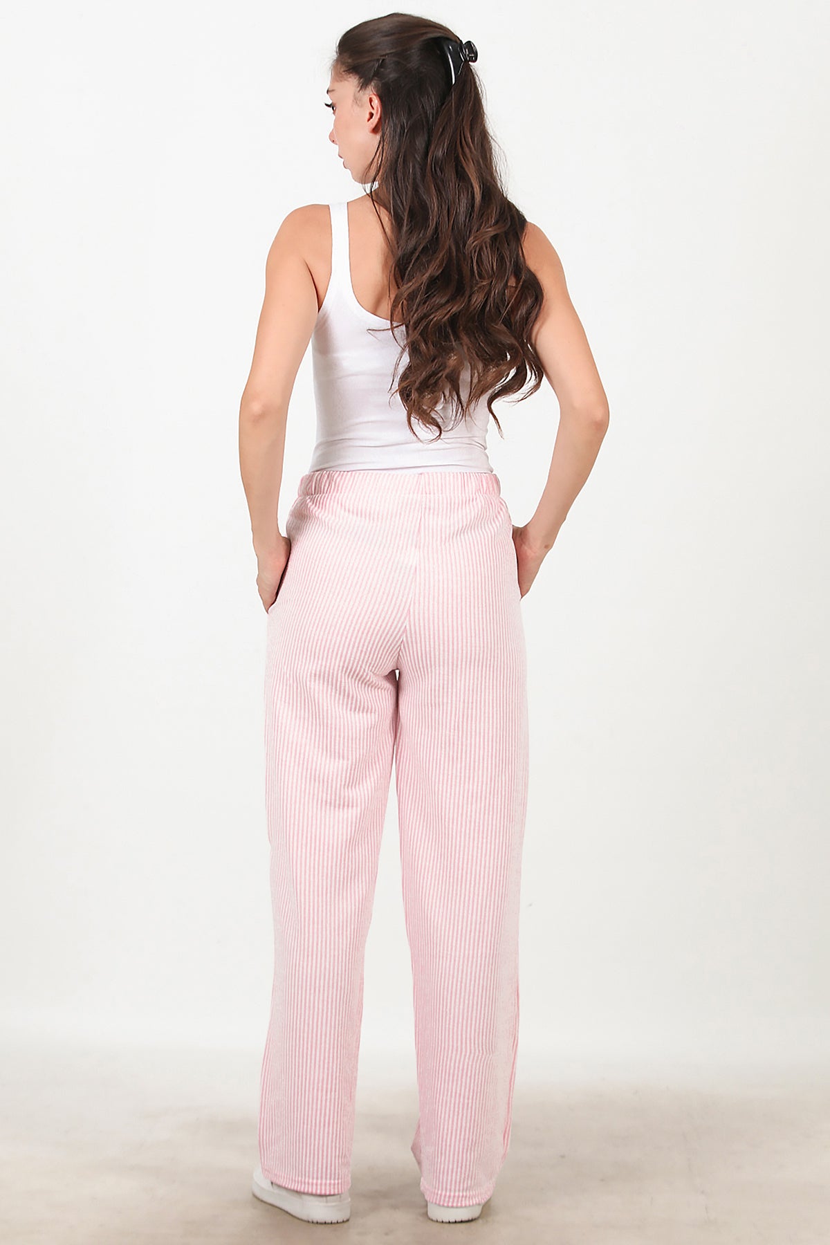 Kadın Çizgili Bol Paça Pantolon Pembe
