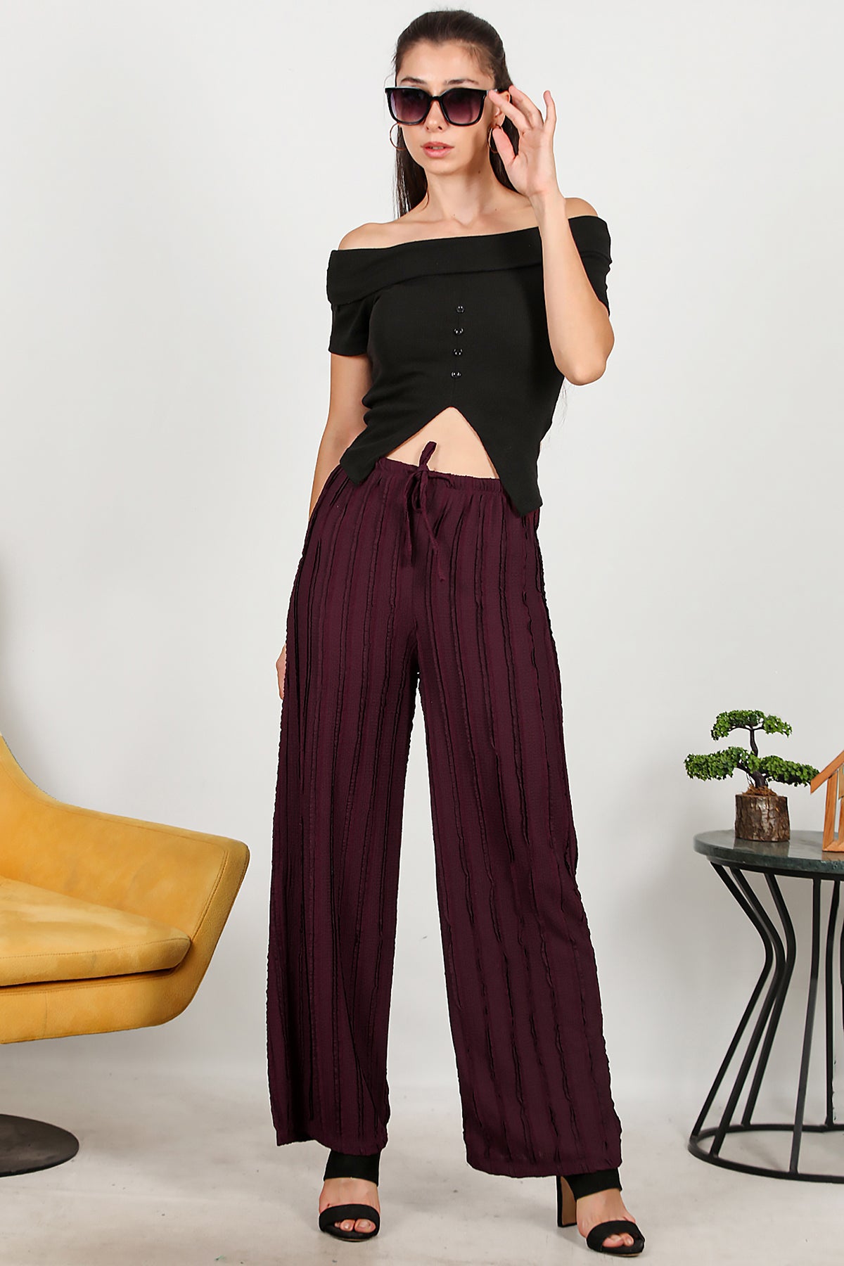 Kadın Püsküllü Bol Paça Pantolon Mürdüm