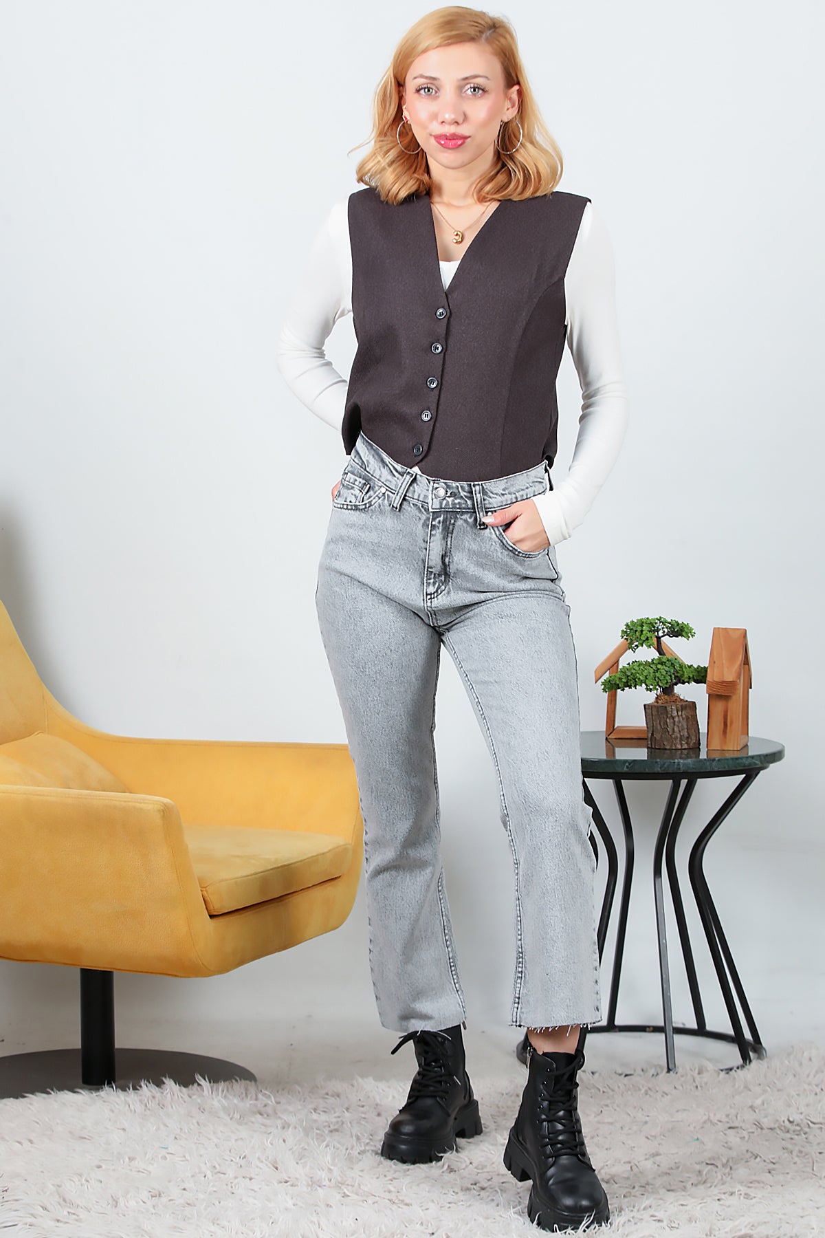 Kadın Crop Jeans Kot Pantolon Gri