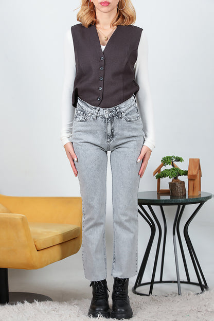 Kadın Crop Jeans Kot Pantolon Gri
