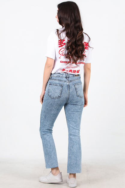 Kadın Crop Jeans Kot Pantolon Mavi
