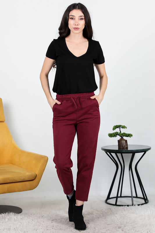 Kadın Bel Lastikli Esnek Kumaş Pantolon Bordo