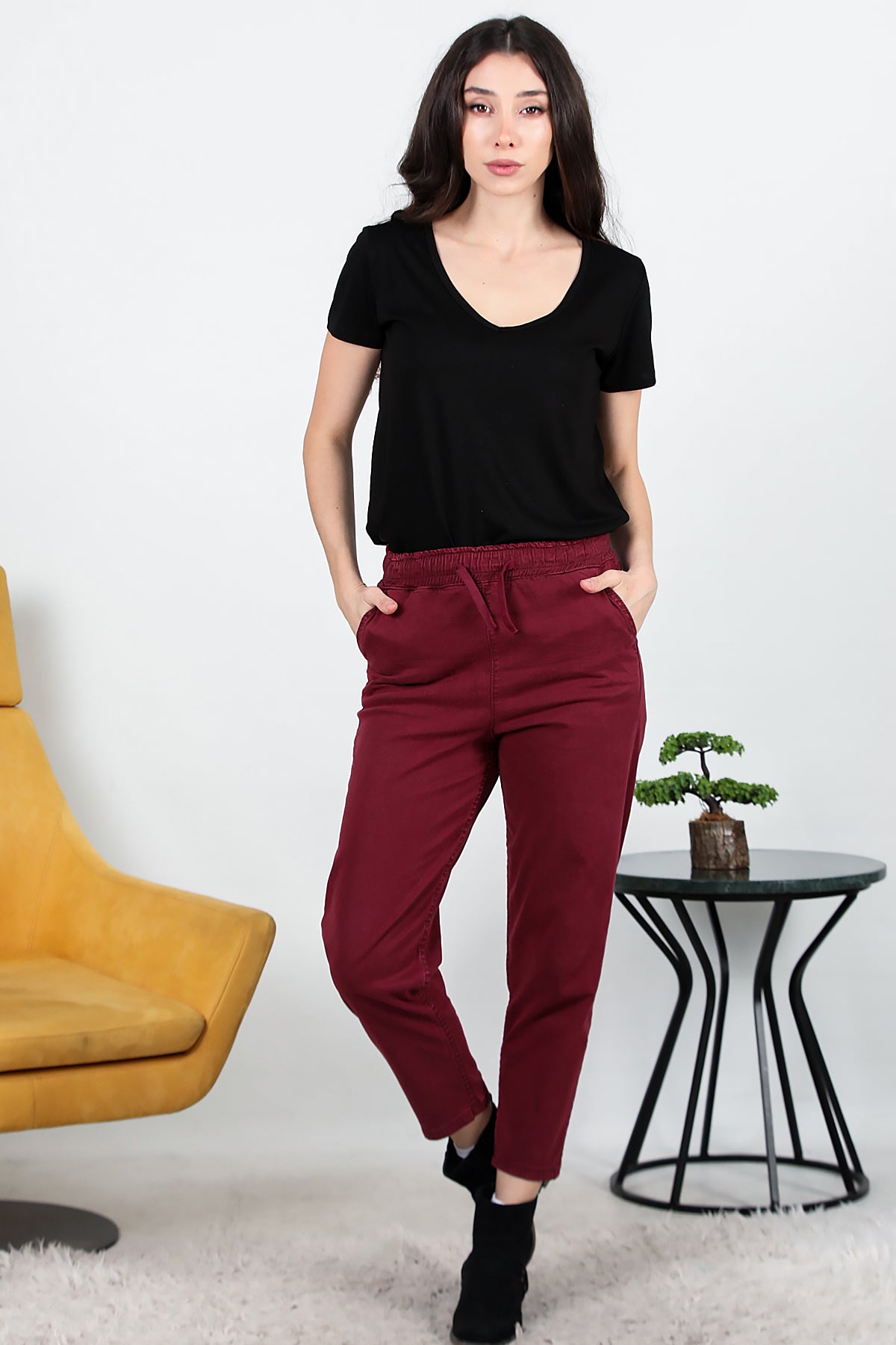 Kadın Bel Lastikli Esnek Kumaş Pantolon Bordo