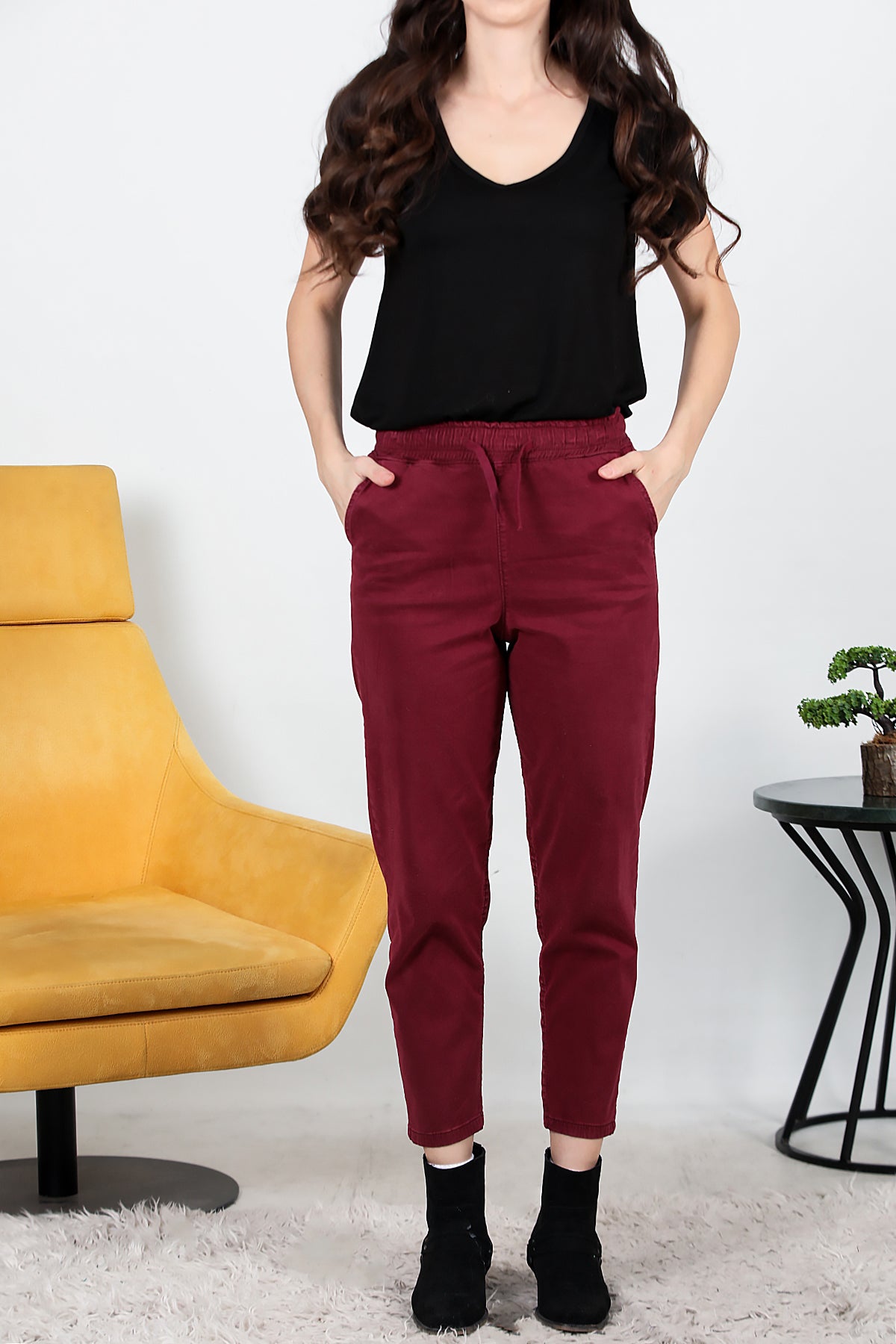 Kadın Bel Lastikli Esnek Kumaş Pantolon Bordo