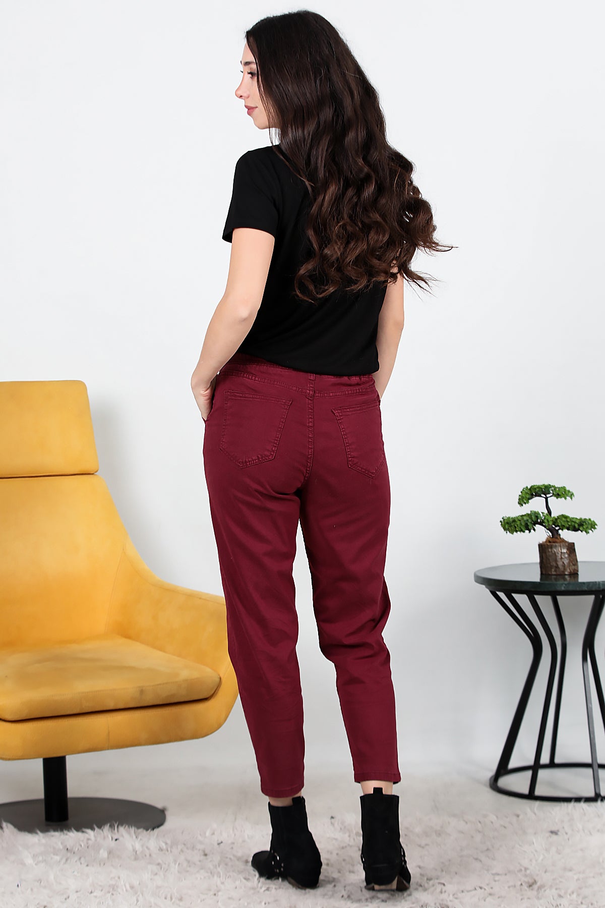 Kadın Bel Lastikli Esnek Kumaş Pantolon Bordo