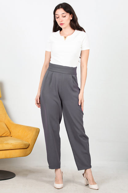 Kadın Beli Pileli Paça Düğmeli Pantolon Füme