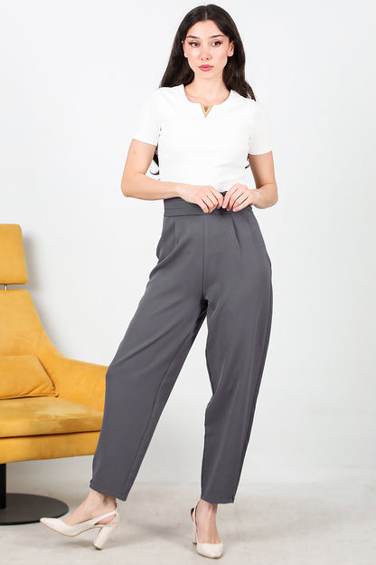 Kadın Beli Pileli Paça Düğmeli Pantolon Füme