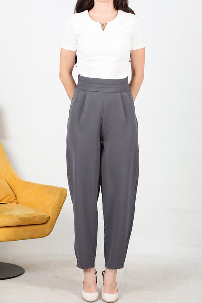 Kadın Beli Pileli Paça Düğmeli Pantolon Füme