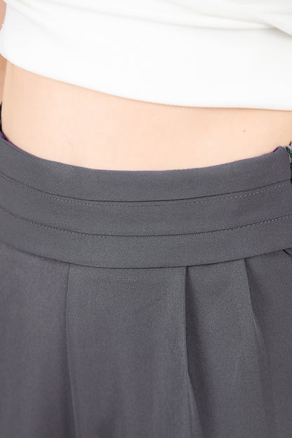 Kadın Beli Pileli Paça Düğmeli Pantolon Füme