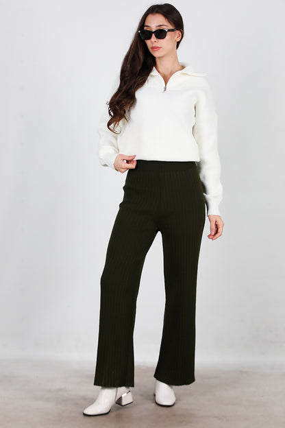 Kadın Kalın Fitilli Triko Pantolon Haki