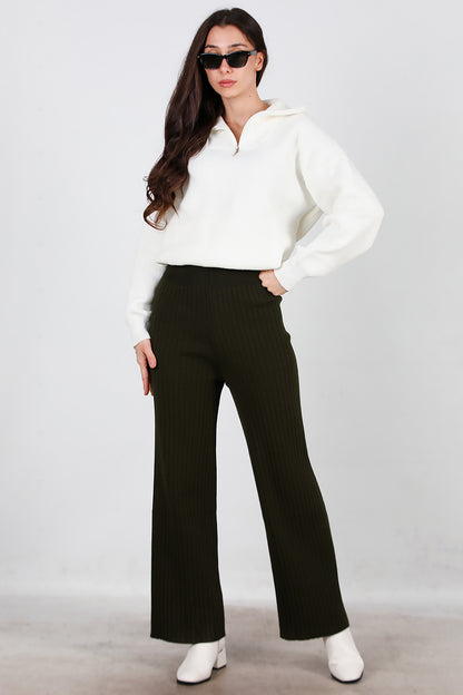 Kadın Kalın Fitilli Triko Pantolon Haki