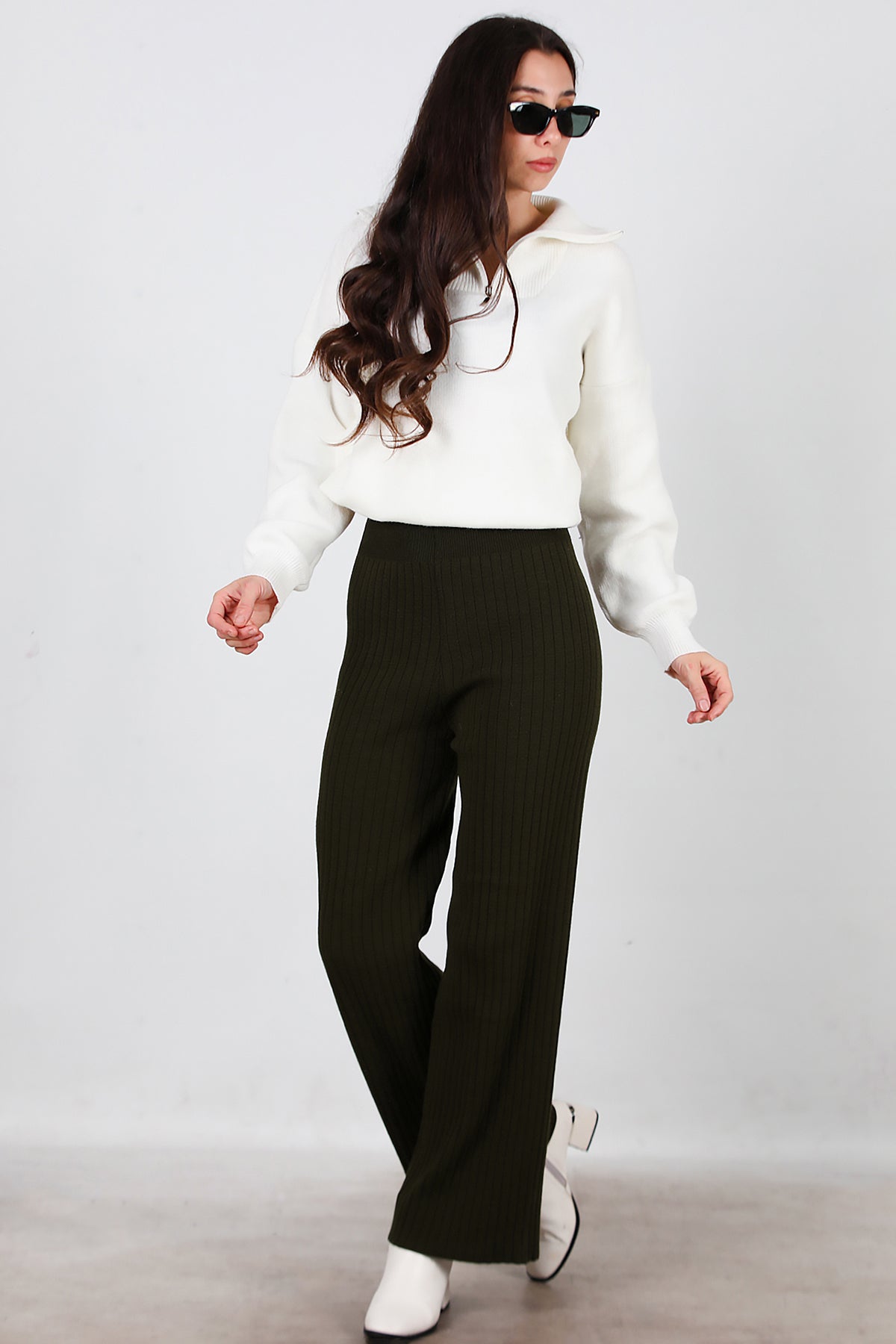 Kadın Kalın Fitilli Triko Pantolon Haki