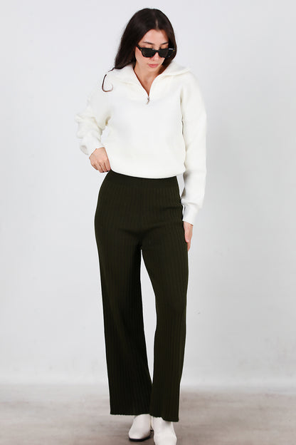 Kadın Kalın Fitilli Triko Pantolon Haki