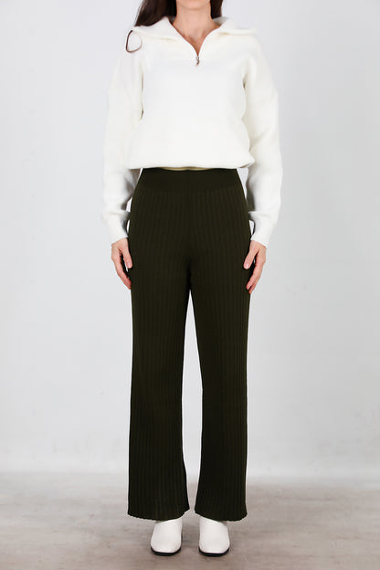 Kadın Kalın Fitilli Triko Pantolon Haki