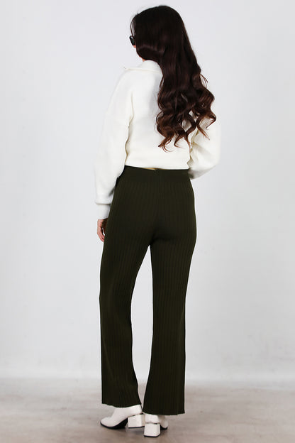 Kadın Kalın Fitilli Triko Pantolon Haki