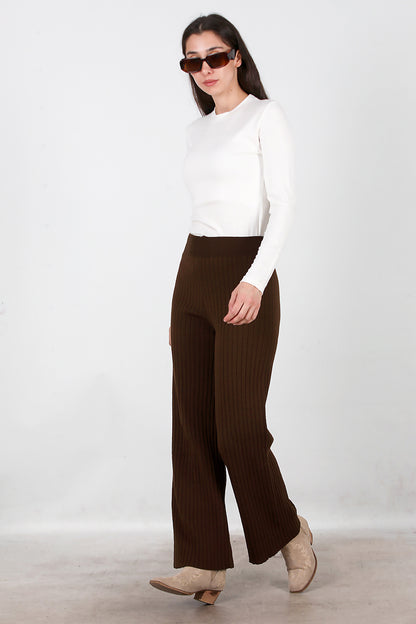 Kadın Kalın Fitilli Triko Pantolon Kahverengi