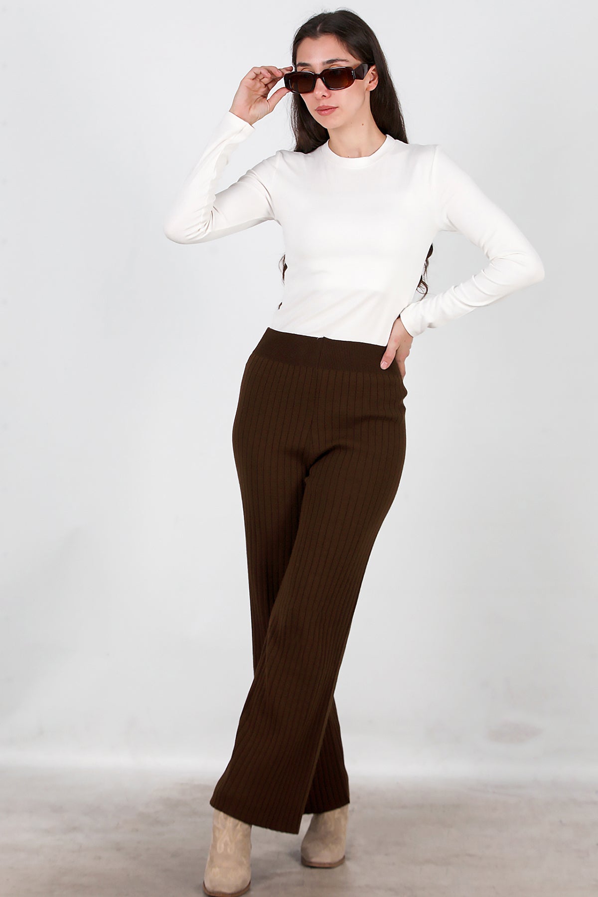 Kadın Kalın Fitilli Triko Pantolon Kahverengi