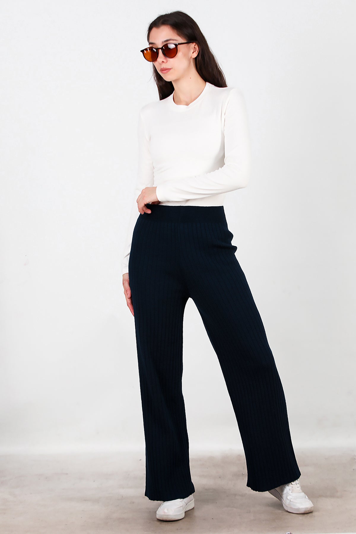 Kadın Kalın Fitilli Triko Pantolon Lacivert