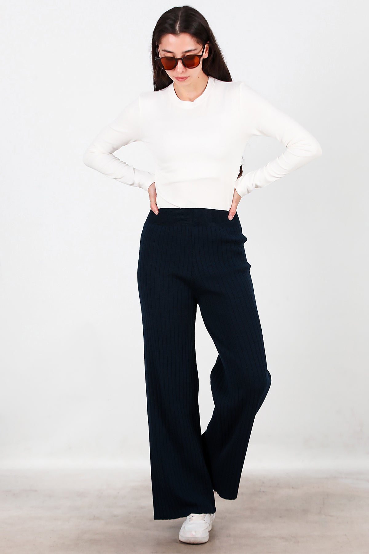 Kadın Kalın Fitilli Triko Pantolon Lacivert