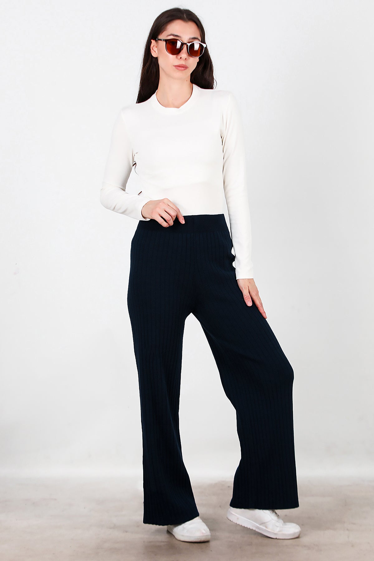 Kadın Kalın Fitilli Triko Pantolon Lacivert